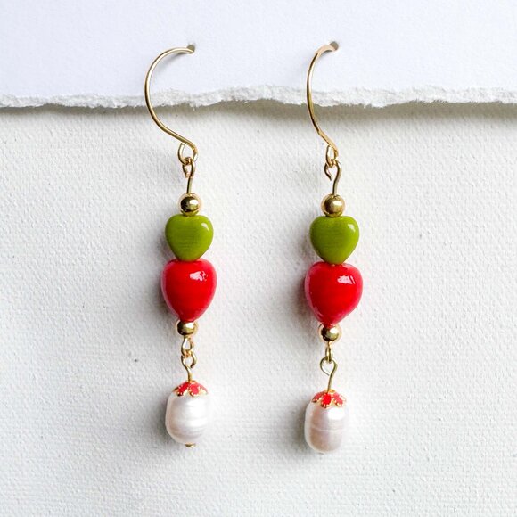 Handmade Jewelry - Apple Red Heart Beaded Drop Earrings Pearl Gold | Cute Artisan Statement